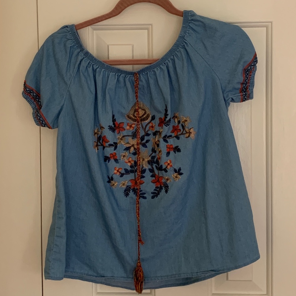 Blue Flower Embroidered Shirt
